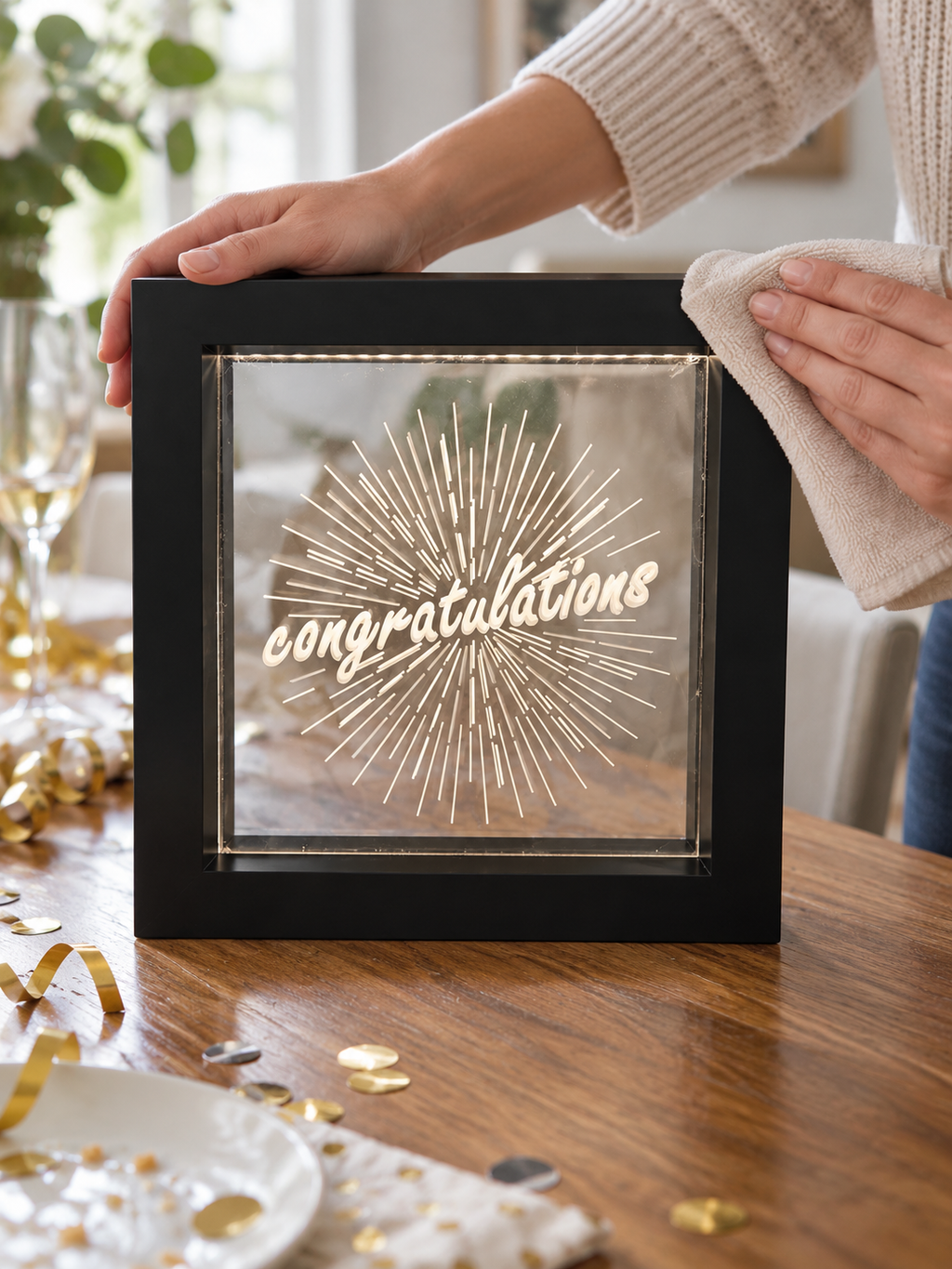 Wiping the black frame of the Congratulations light box with a soft cloth
