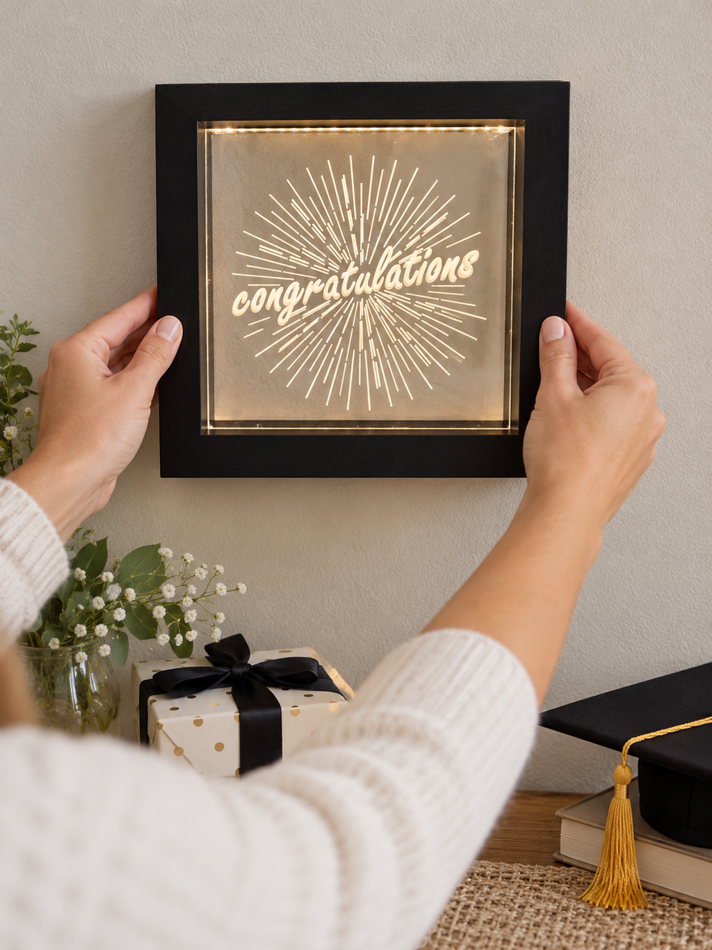 Positioning the black Congratulations light box on a wall above a graduation table