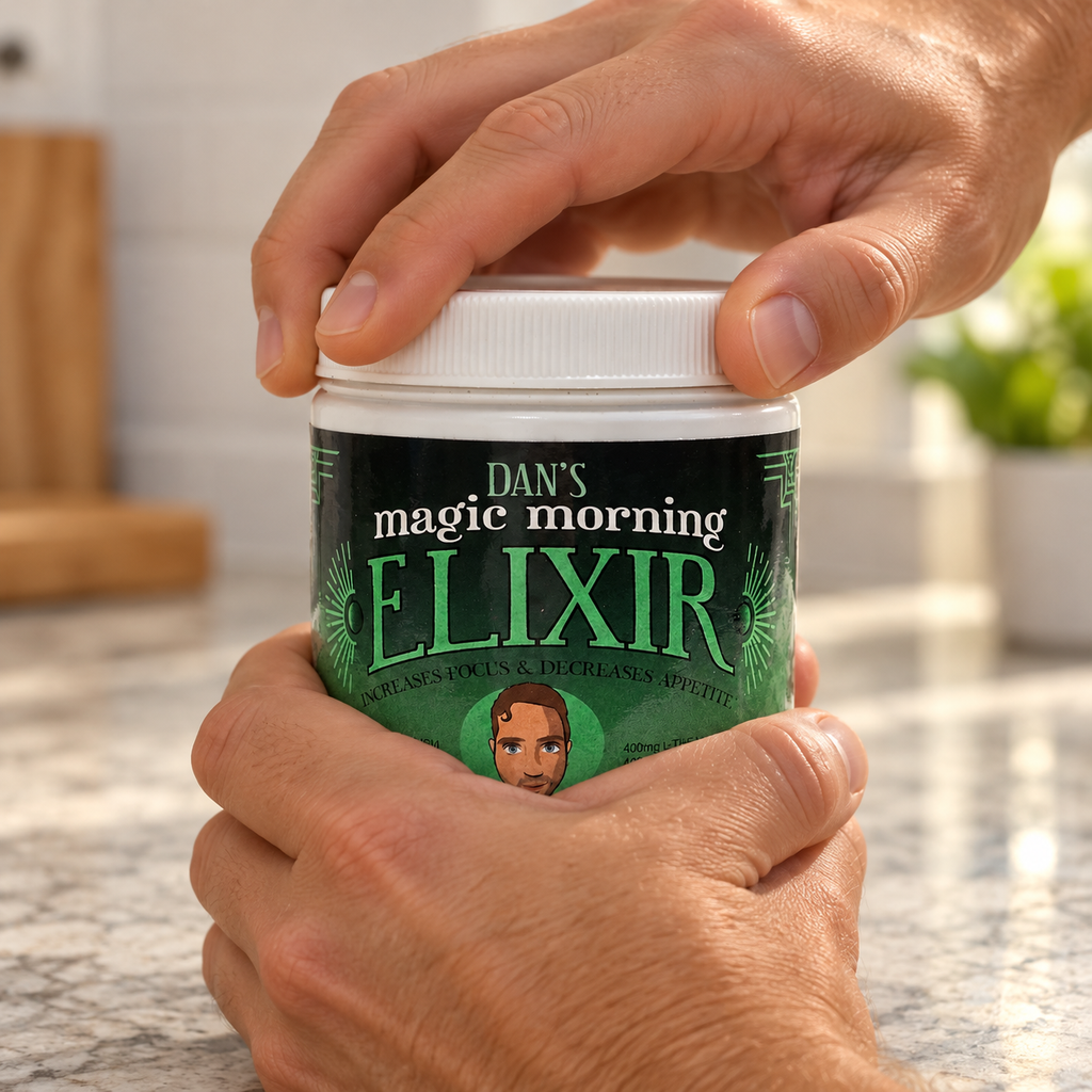 AI-generated home scene of an adult holding the lid of Dan's Magic Morning Elixir 135 g jar; scene props not included.