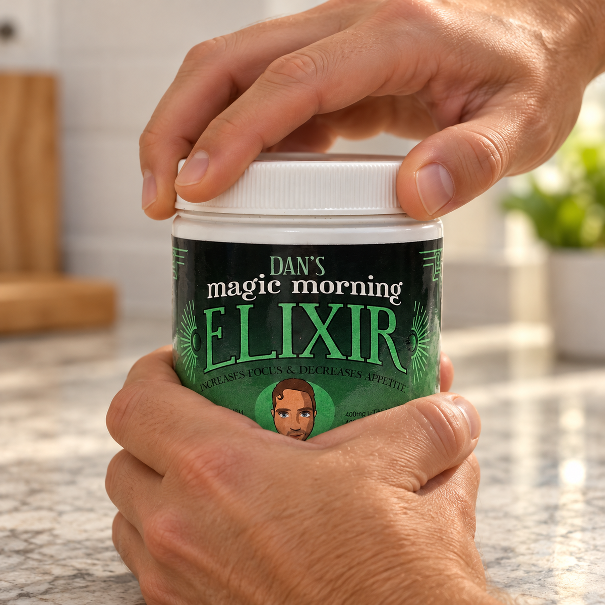 AI-generated home scene of an adult holding the lid of Dan's Magic Morning Elixir 135 g jar; scene props not included.