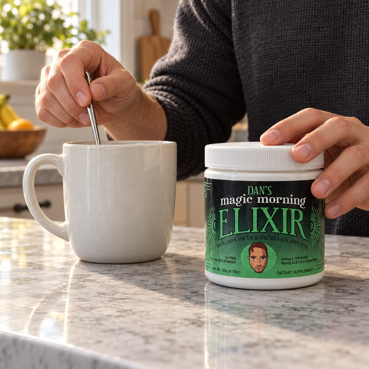 AI-generated kitchen scene with Dan's Magic Morning Elixir jar beside a stirred drink; mug and spoon not included.