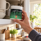 AI-generated kitchen-cabinet scene showing the Dan's Magic Morning Elixir jar; other kitchen items not included.