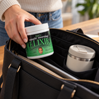 AI-generated packing scene with Dan's Magic Morning Elixir jar beside a travel mug in a bag; mug and bag not included.