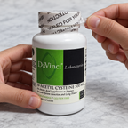 AI-generated illustration of adult hands peeling the printed cap wrapper on a closed DaVinci N-Acetyl Cysteine 500 mg 90-capsule bottle.