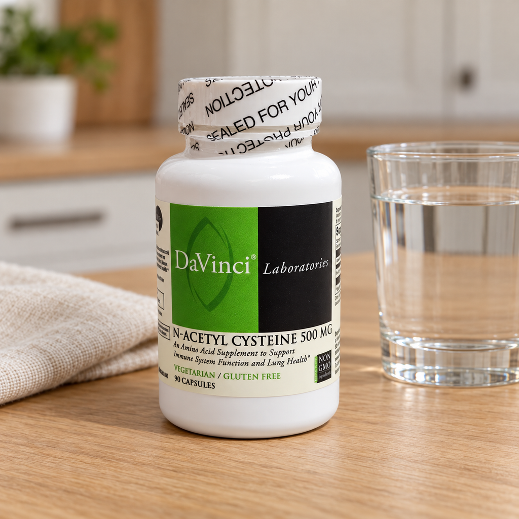 AI-generated lifestyle illustration of one closed DaVinci Laboratories NAC bottle on an oak kitchen counter beside a water glass and linen.