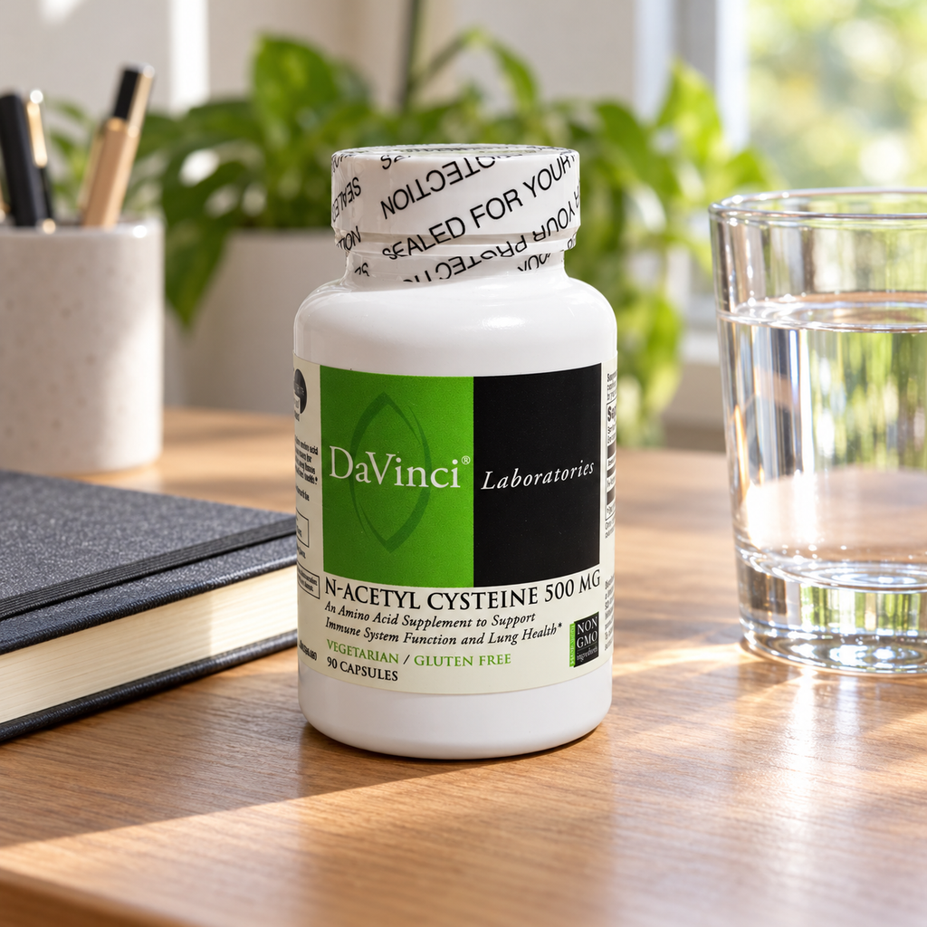 AI-generated lifestyle illustration of one closed DaVinci NAC 500 mg 90-capsule bottle beside a notebook and water glass on a home-office desk; props not included.