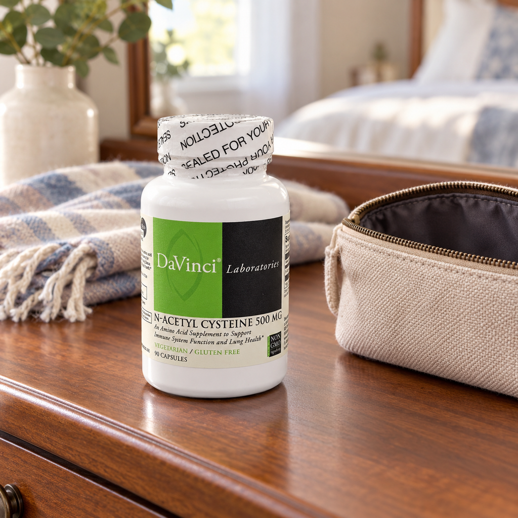 AI-generated lifestyle illustration of one closed DaVinci NAC 500 mg 90-capsule bottle on a dresser beside a travel pouch and scarf; props not included.