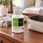 AI-generated lifestyle illustration of one closed DaVinci NAC 500 mg 90-capsule bottle on a dresser beside a travel pouch and scarf; props not included.