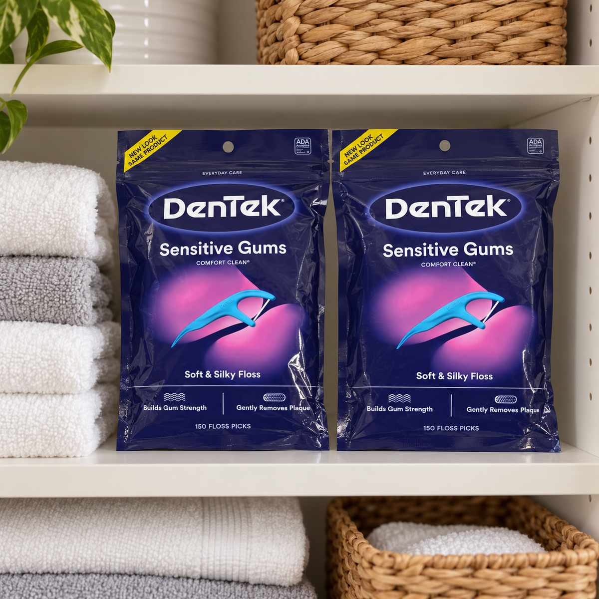 AI-generated lifestyle illustration of exactly two DenTek Sensitive Gums Comfort Clean 150-count bags on a linen-closet shelf beside folded towels; setting props are not included.