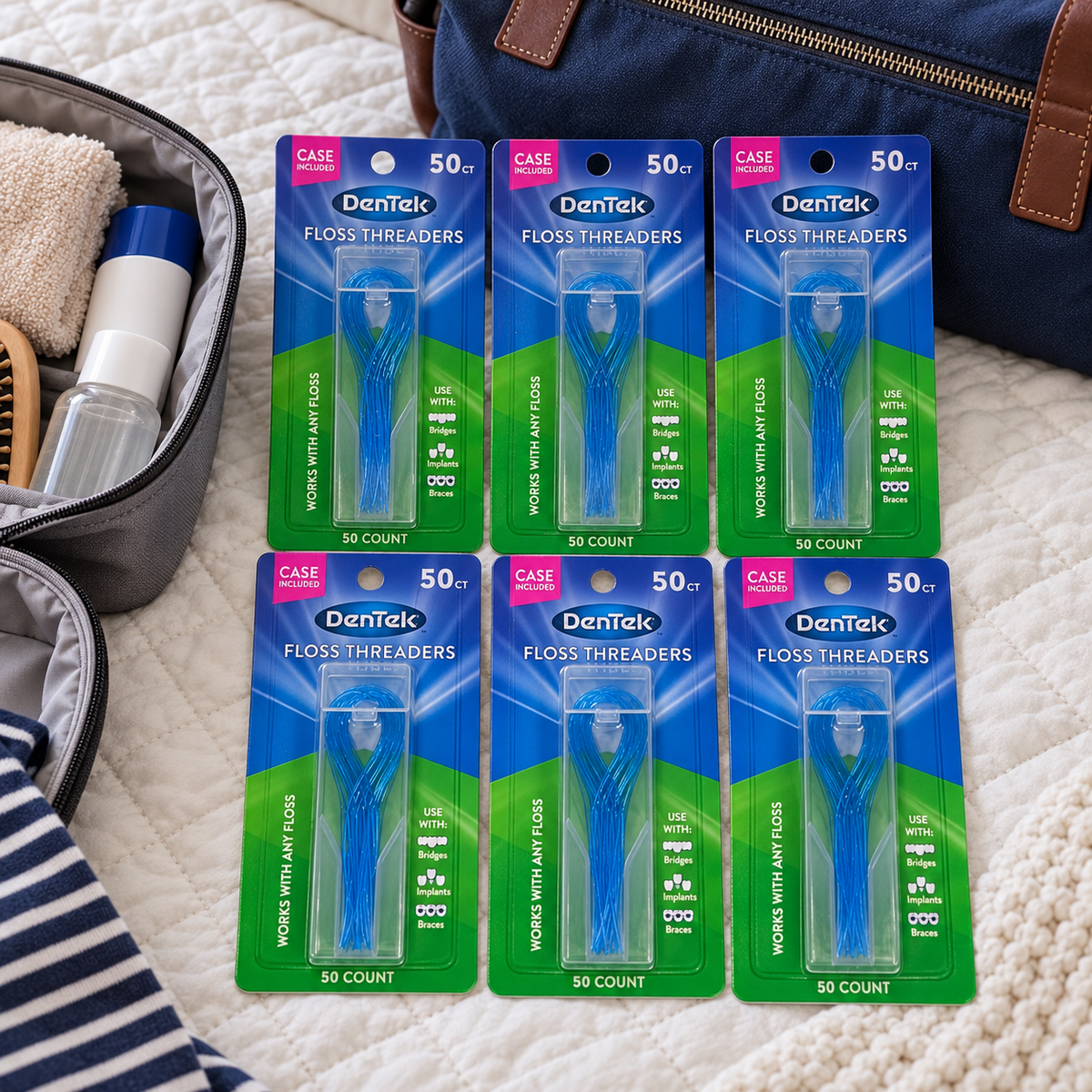 AI-generated lifestyle illustration of six DenTek Floss Threaders 50-count cards with their cases beside a toiletry pouch and overnight bag; props not included.