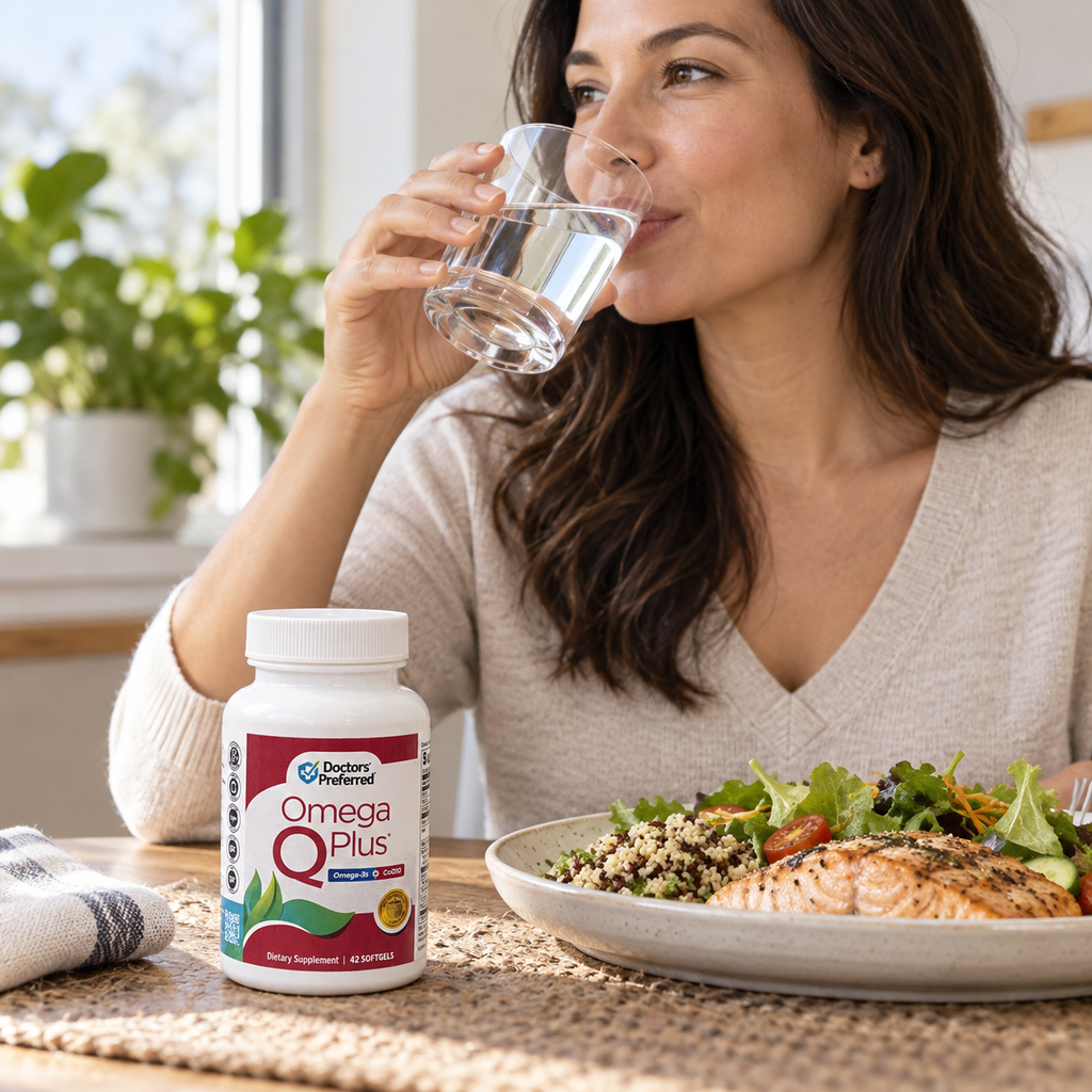 Doctors’ Preferred Omega Q Plus during an adult’s lunch-and-water routine