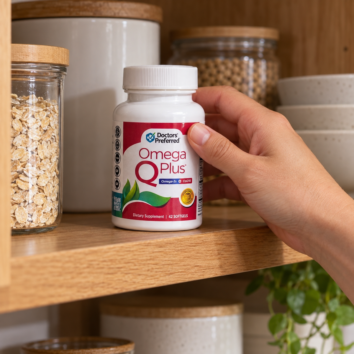 Returning the capped Omega Q Plus bottle to a dry cupboard