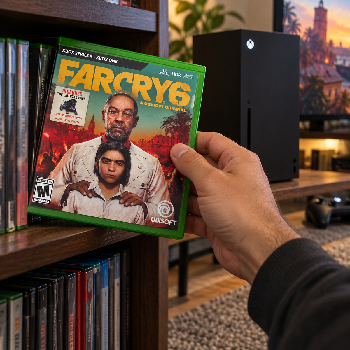 Selecting Far Cry 6 from a home Xbox game shelf