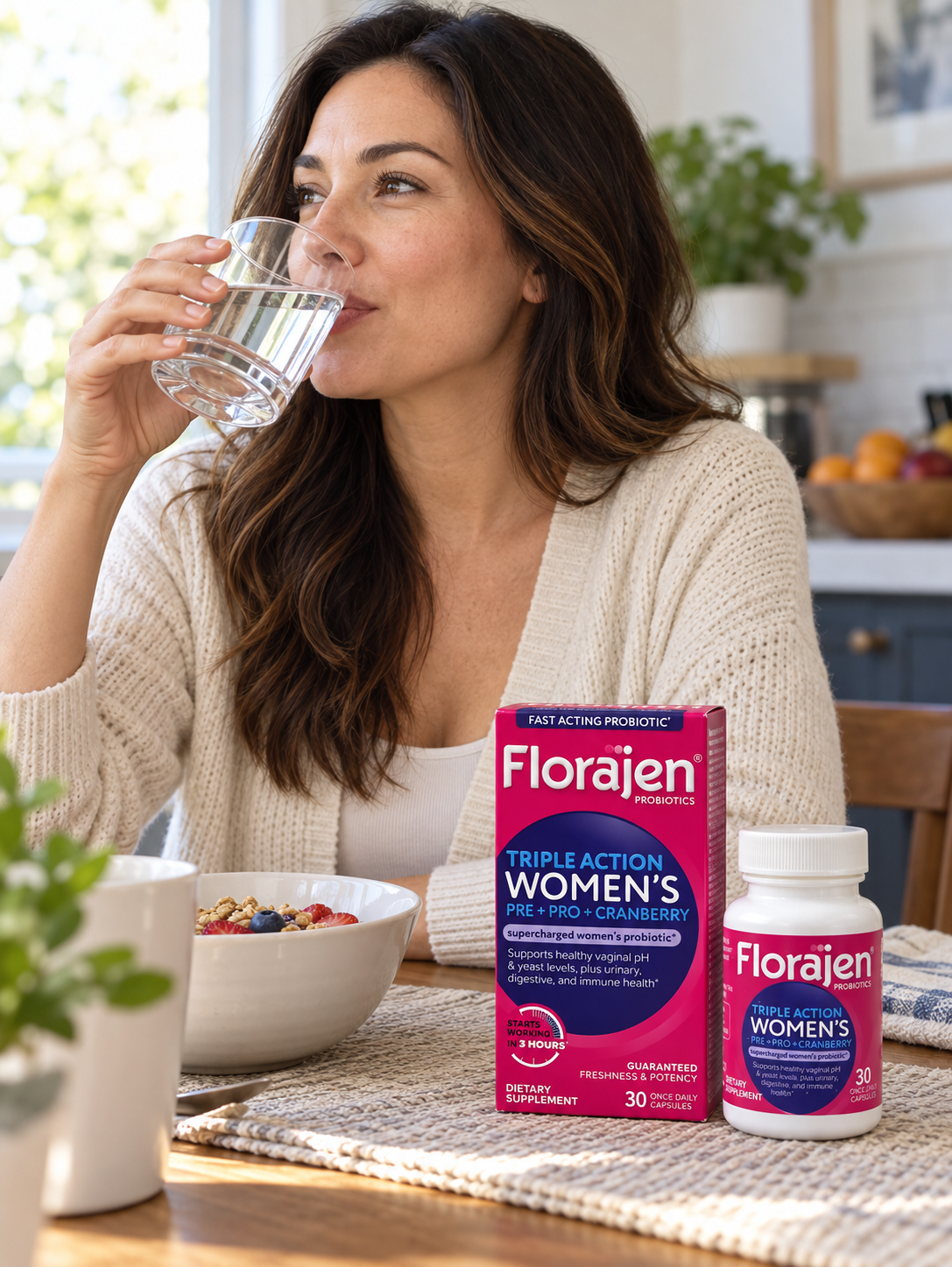 A daily supplement routine with Florajen Women's Triple Action and a glass of water.