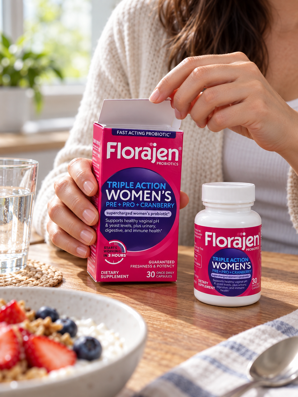 Opening the Florajen Women's Triple Action carton at a breakfast table.