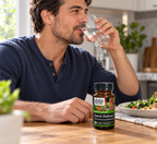 A supplement routine with Gaia Herbs Quick Defense 20 capsules and water.