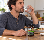 A supplement routine with Gaia Herbs Quick Defense 40 capsules and water.