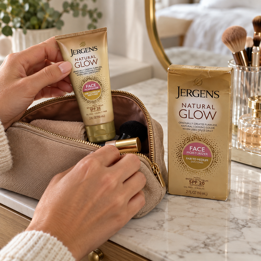 Jergens Natural Glow Face SPF 20 tube being packed in a toiletry bag, with its box nearby