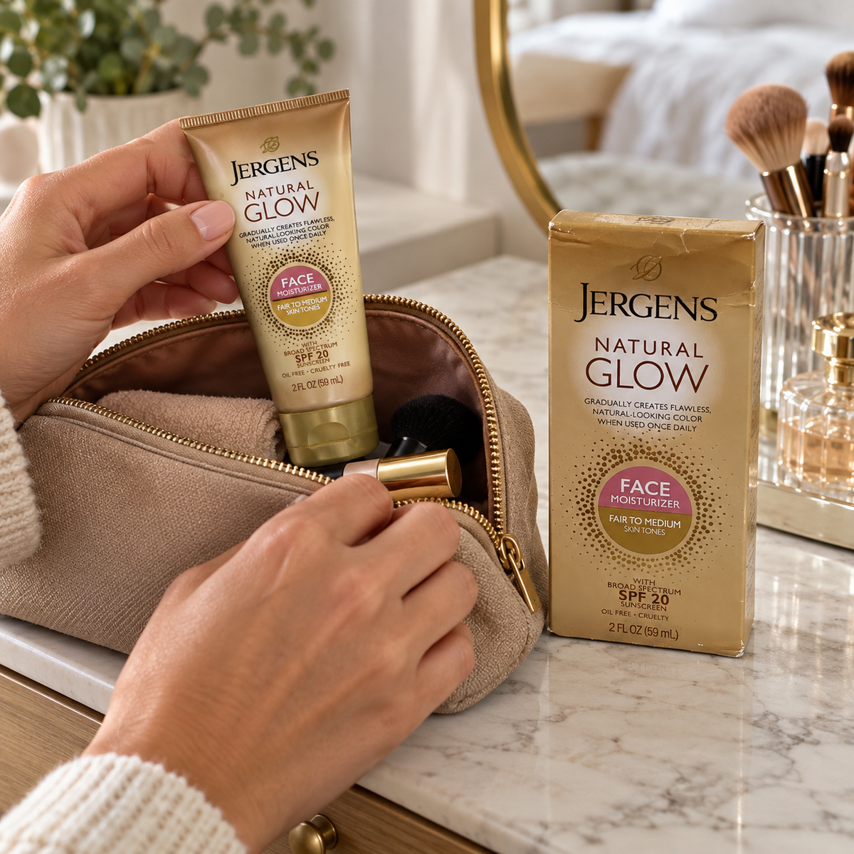 Jergens Natural Glow Face SPF 20 tube being packed in a toiletry bag, with its box nearby