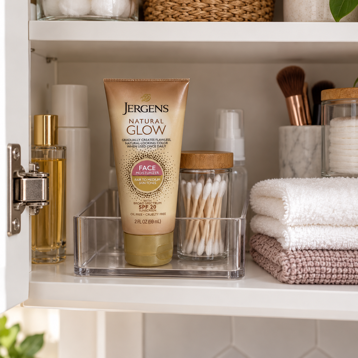 Jergens Natural Glow Face SPF 20 Fair to Medium tube stored in a bathroom cabinet
