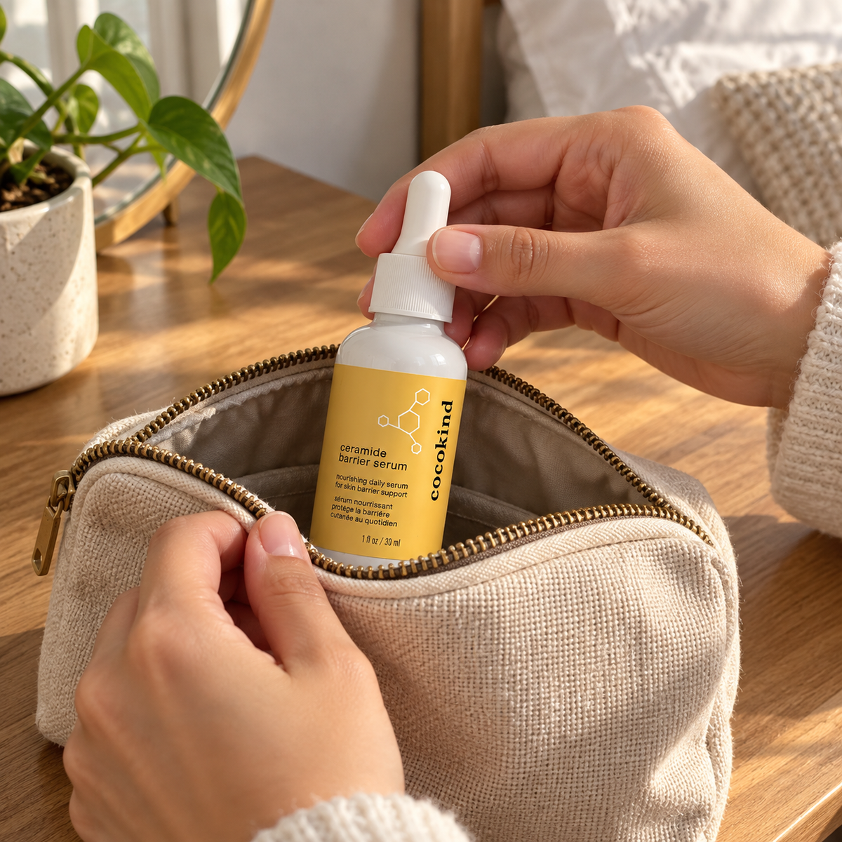 Cocokind Ceramide Barrier Serum bottle being packed in a fabric toiletry bag