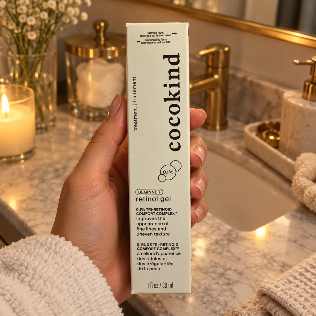 An adult holding a Cocokind Beginner Retinol Gel carton at an evening bathroom vanity