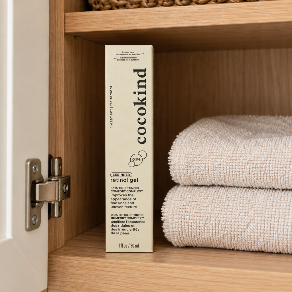 Cocokind Beginner Retinol Gel carton stored on a wooden cupboard shelf
