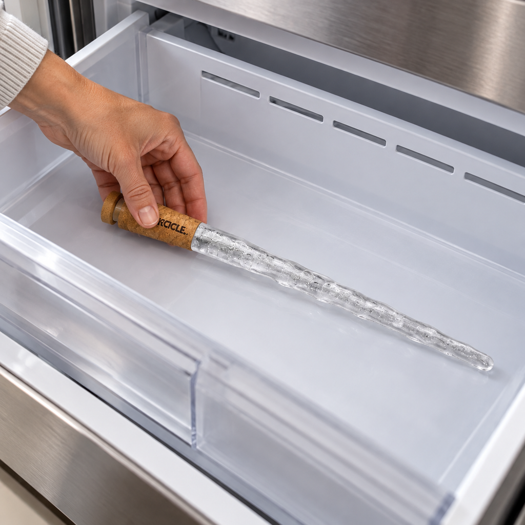 An adult placing a Corkcicle Air wine chiller in a freezer drawer