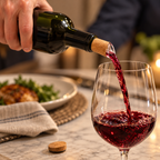 Red wine being poured through a Corkcicle Air spout, with the removable cap on the table