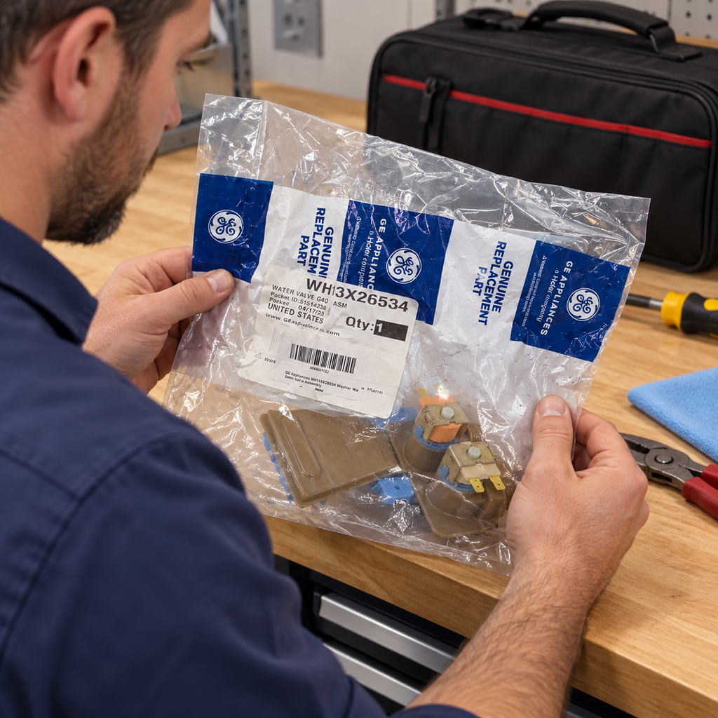 An adult checking the label on a sealed GE WH13X26534 valve package at a workbench
