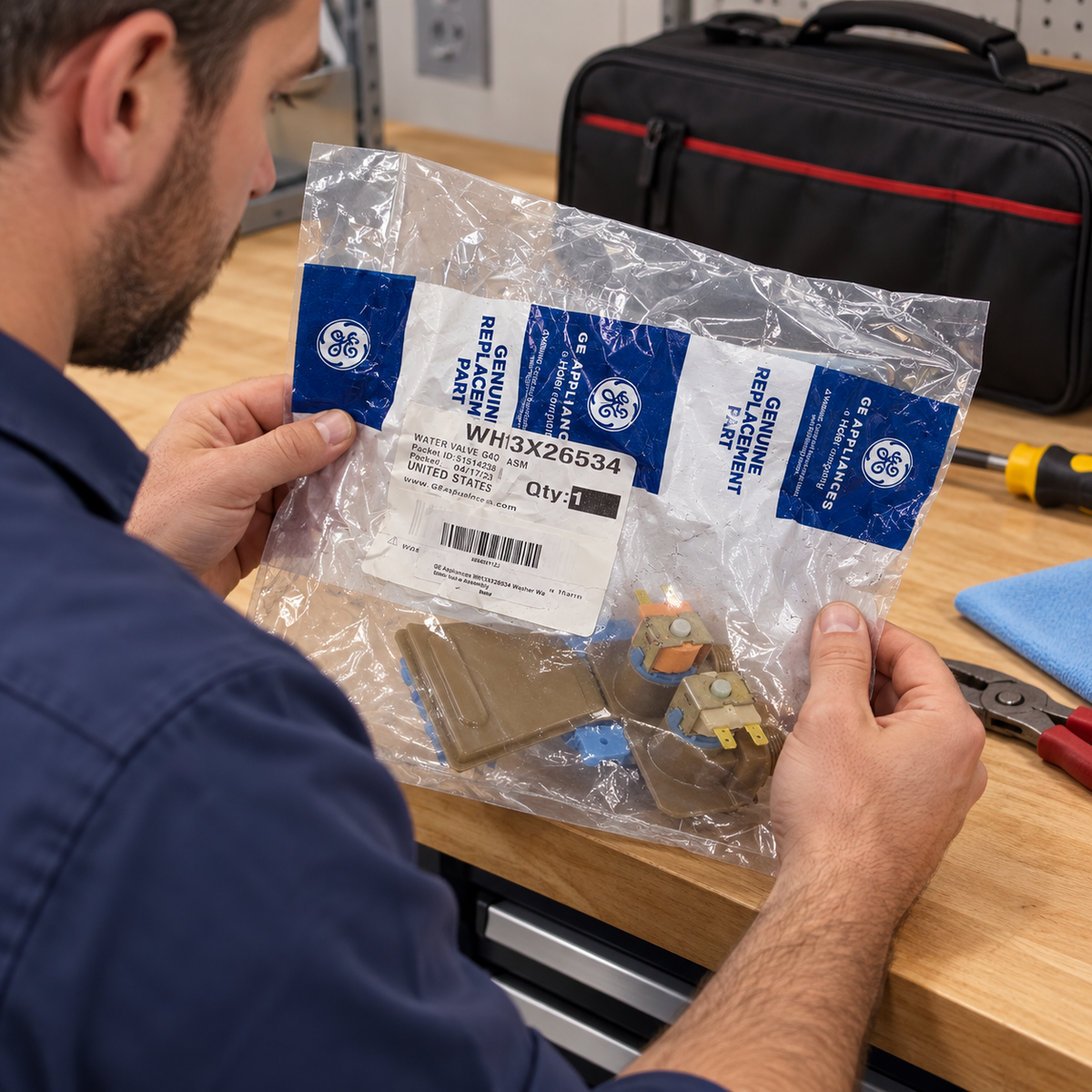 An adult checking the label on a sealed GE WH13X26534 valve package at a workbench