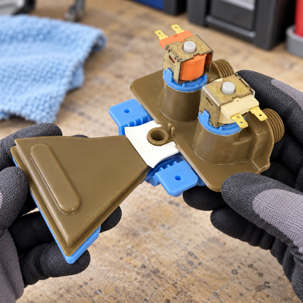Gloved hands inspecting a disconnected GE WH13X26534 water inlet valve