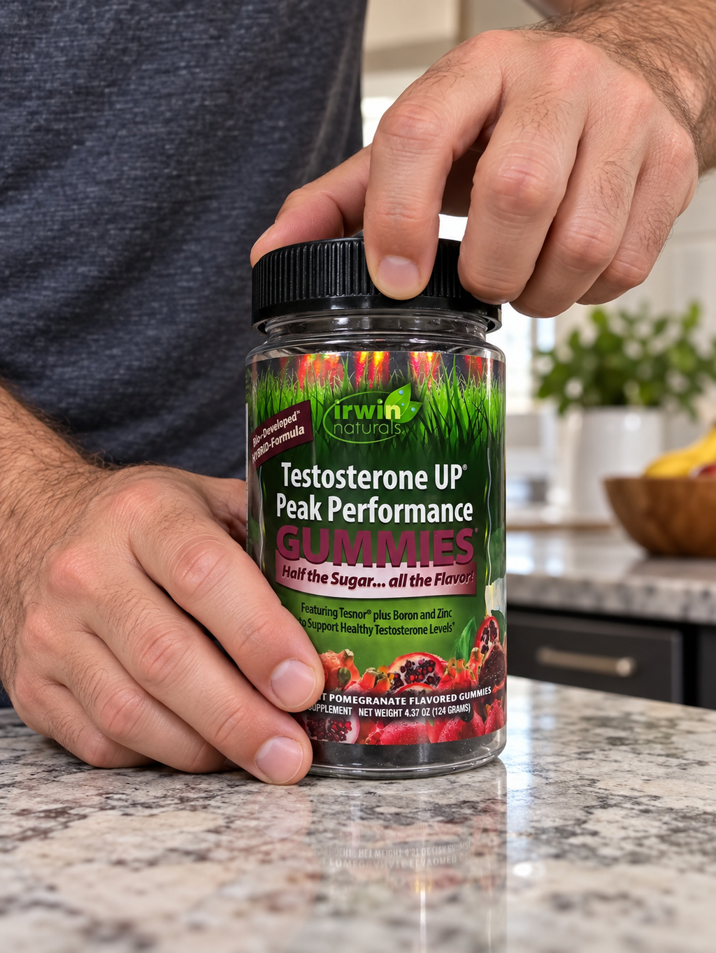 Hands closing an Irwin Naturals Testosterone UP gummy jar.