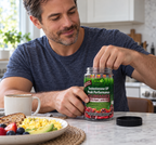 Reaching into an Irwin Naturals Testosterone UP gummy jar at breakfast.