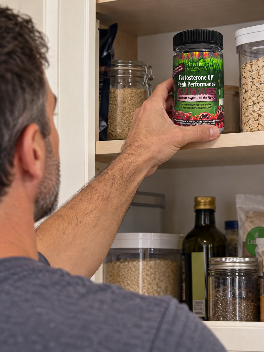 Returning an Irwin Naturals Testosterone UP jar to a pantry shelf.