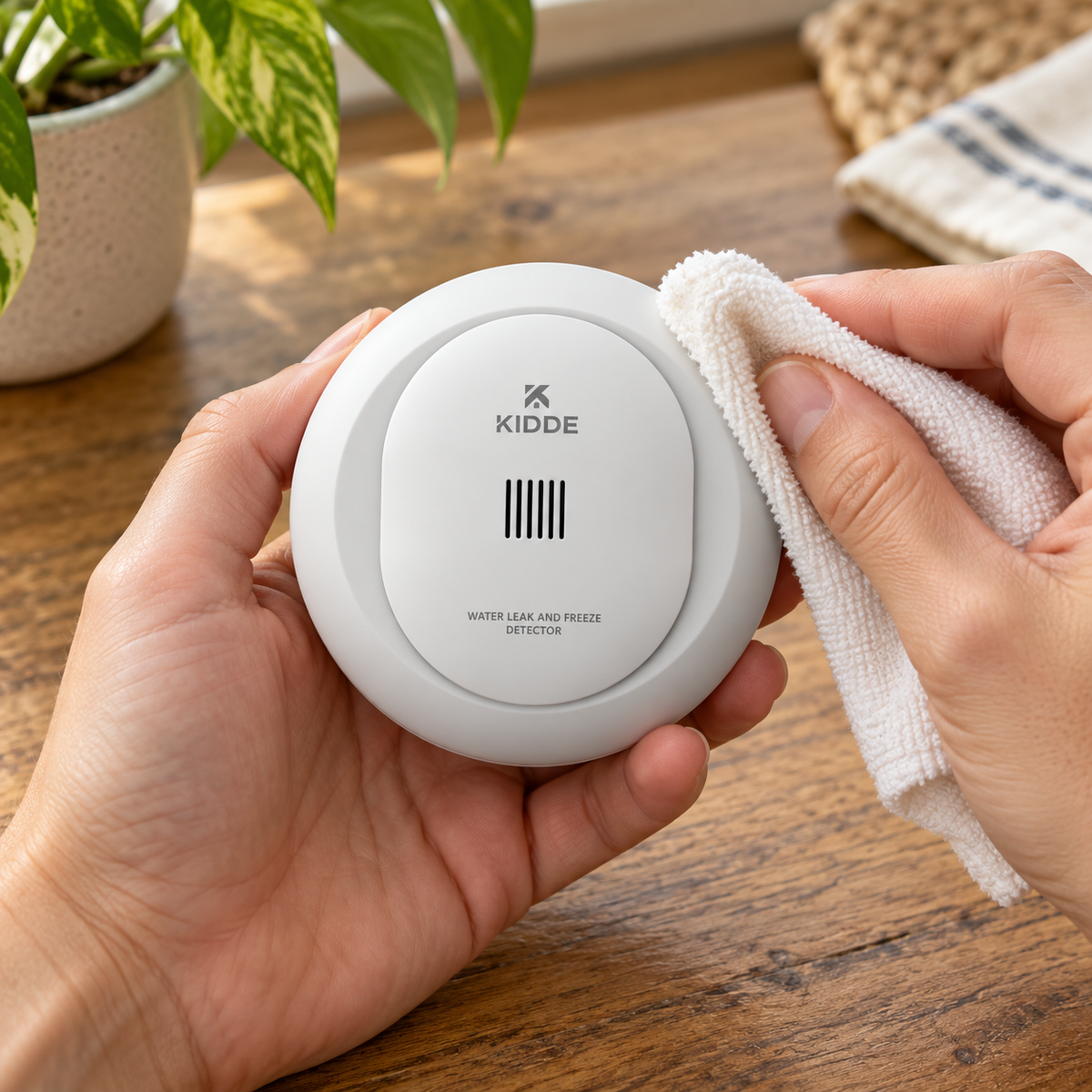 Wiping the outside of a Kidde water leak and freeze detector with a damp cloth