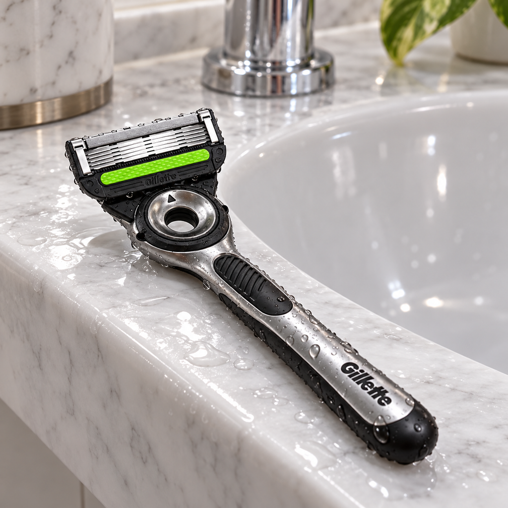 GilletteLabs cartridge air-drying on a compatible handle at the sink; handle not included
