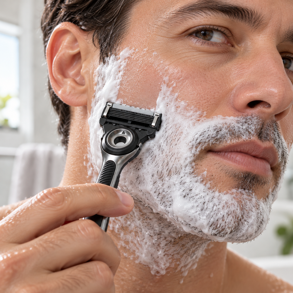 Adult shaving with a GilletteLabs cartridge on a compatible handle; handle not included
