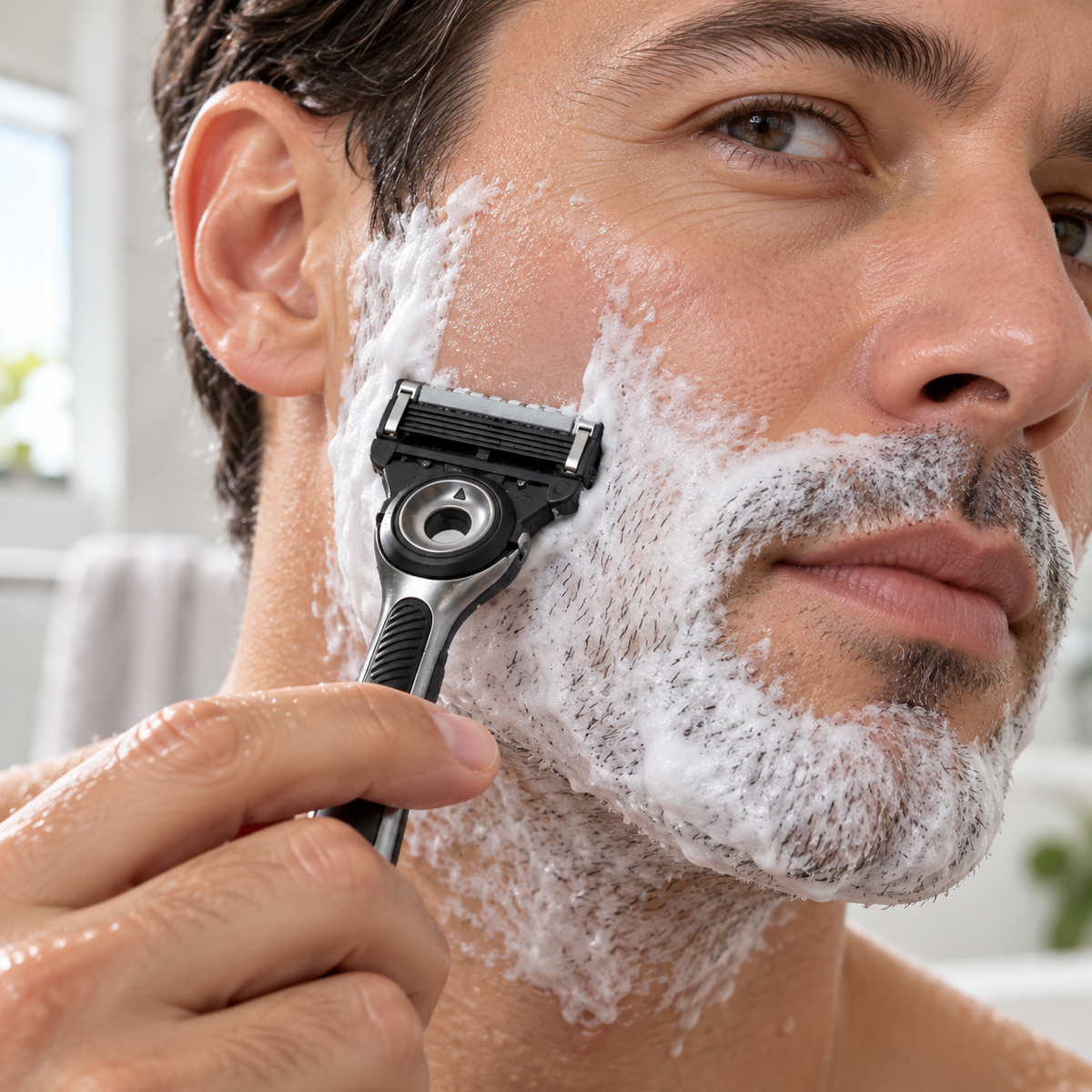 Adult shaving with a GilletteLabs cartridge on a compatible handle; handle not included