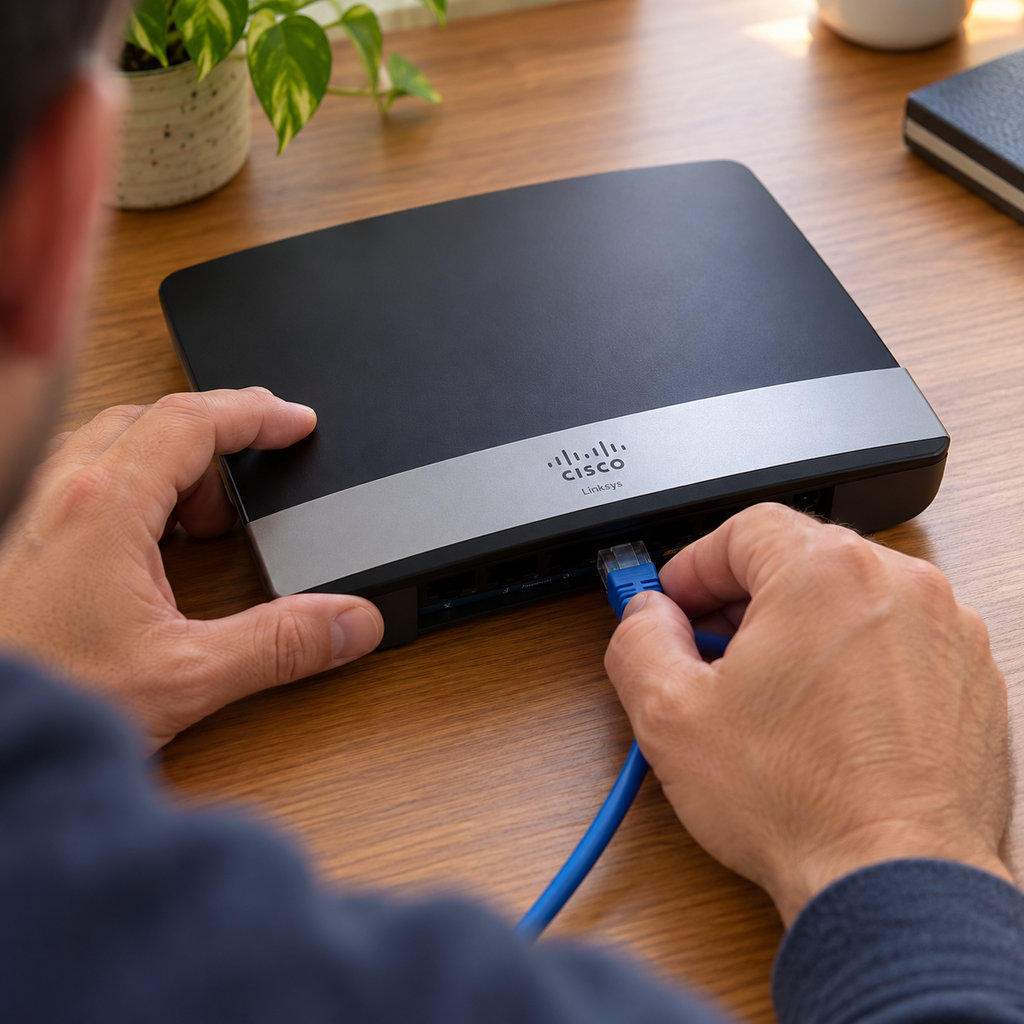Connecting an Ethernet cable to the rear of a Cisco Linksys E2500 router. AI-assisted illustration.
