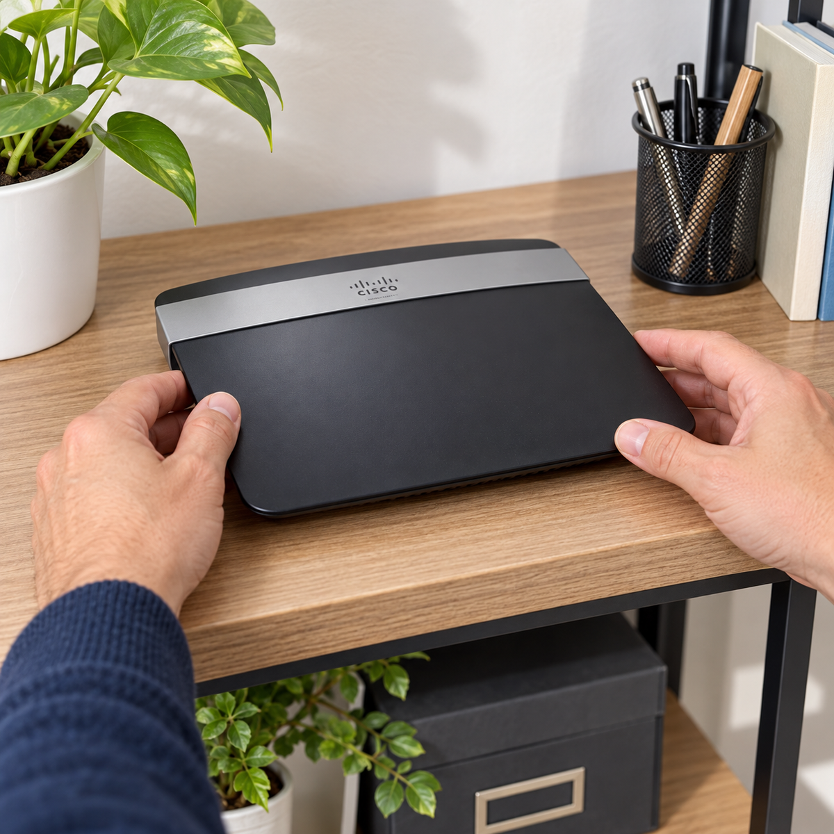 Setting a Cisco Linksys E2500 router on an open home-office shelf. AI-assisted illustration.