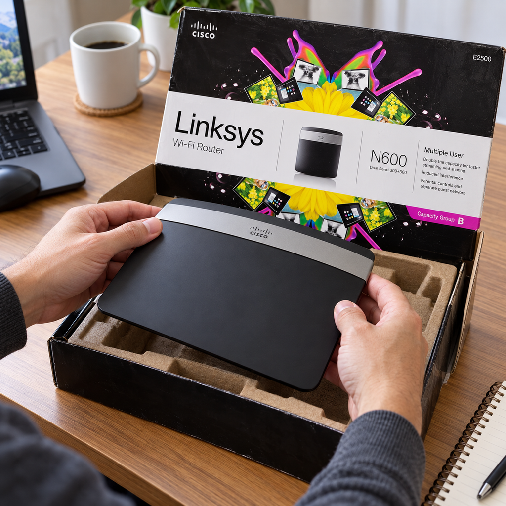 Unpacking a Cisco Linksys E2500 router from its original retail box. AI-assisted illustration.
