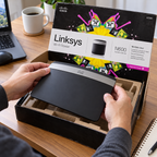 Unpacking a Cisco Linksys E2500 router from its original retail box. AI-assisted illustration.