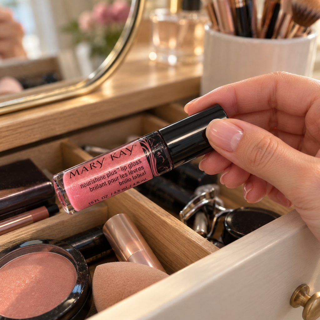 Choosing Pink Luster lip gloss from a vanity drawer
