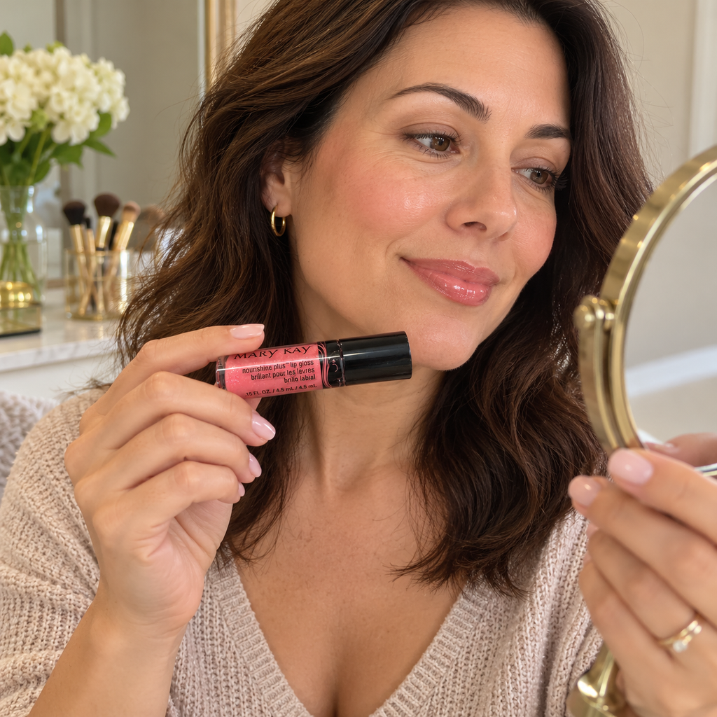 Holding a capped Pink Luster lip gloss while looking in a mirror