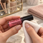 Wiping the outside of a capped Pink Luster lip gloss with a soft cloth