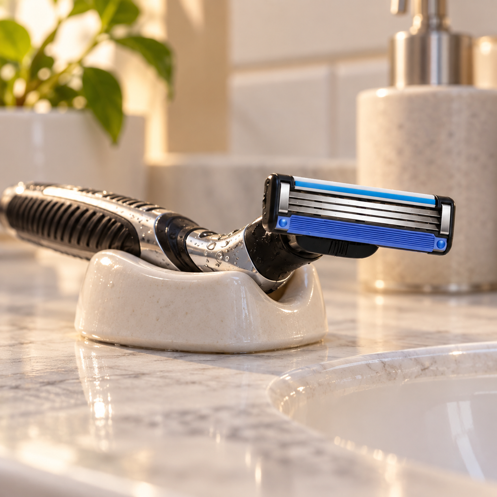 A Mach3 Original cartridge air-drying on a razor rest with its blade face clear of the surface.