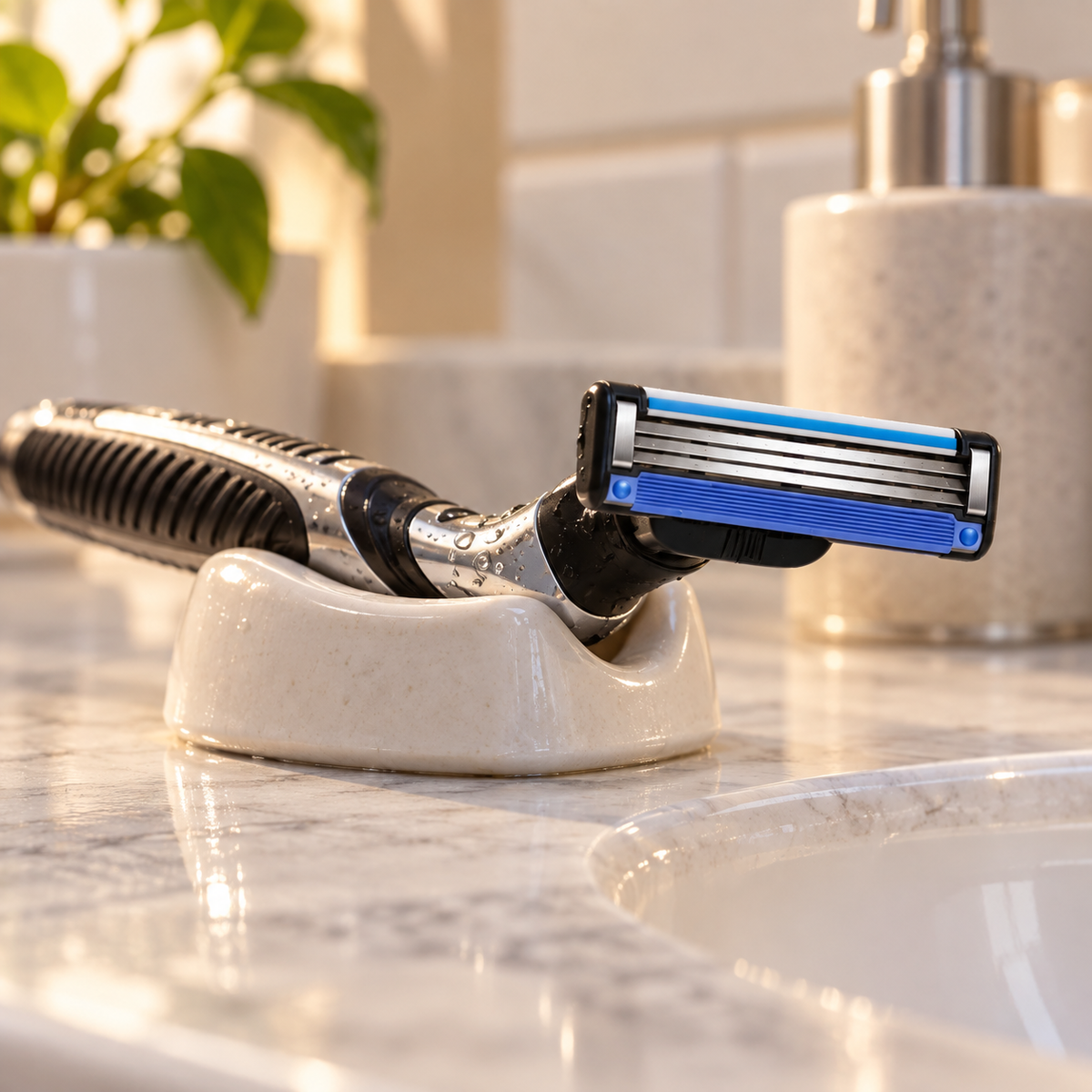 A Mach3 Original cartridge air-drying on a razor rest with its blade face clear of the surface.