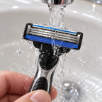 Rinsing a three-blade Mach3 Original cartridge under running water on a compatible handle.