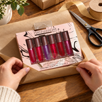 Manna Kadar six-piece pH Balance Lip Oil set being wrapped in kraft gift paper